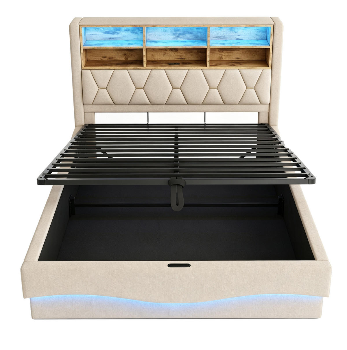 POLSTERBETT aus Leinen, Metall und Holzwerkstoffen 140x200 cm Beige mit LED-Beleuchtung, USB und Stauraum - Beige, Metall (140/200cm) - Modfu