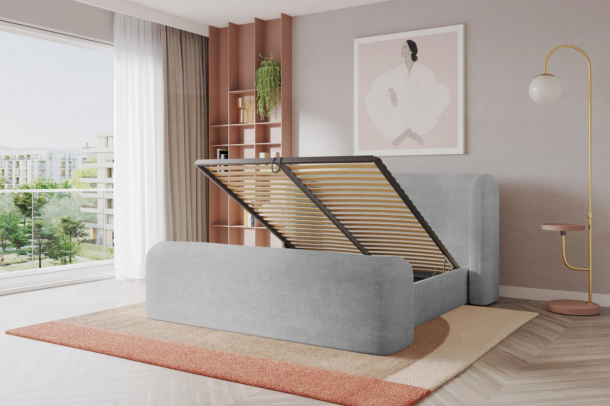 POLSTERBETT mit Bettkasten, Fußteil und Lattenrost, Boxbett ohne Matratze - ESTI-Z 160x200 Grau - Hellgrau, Holzwerkstoff/Textil (160/200cm) - ALTDECOR
