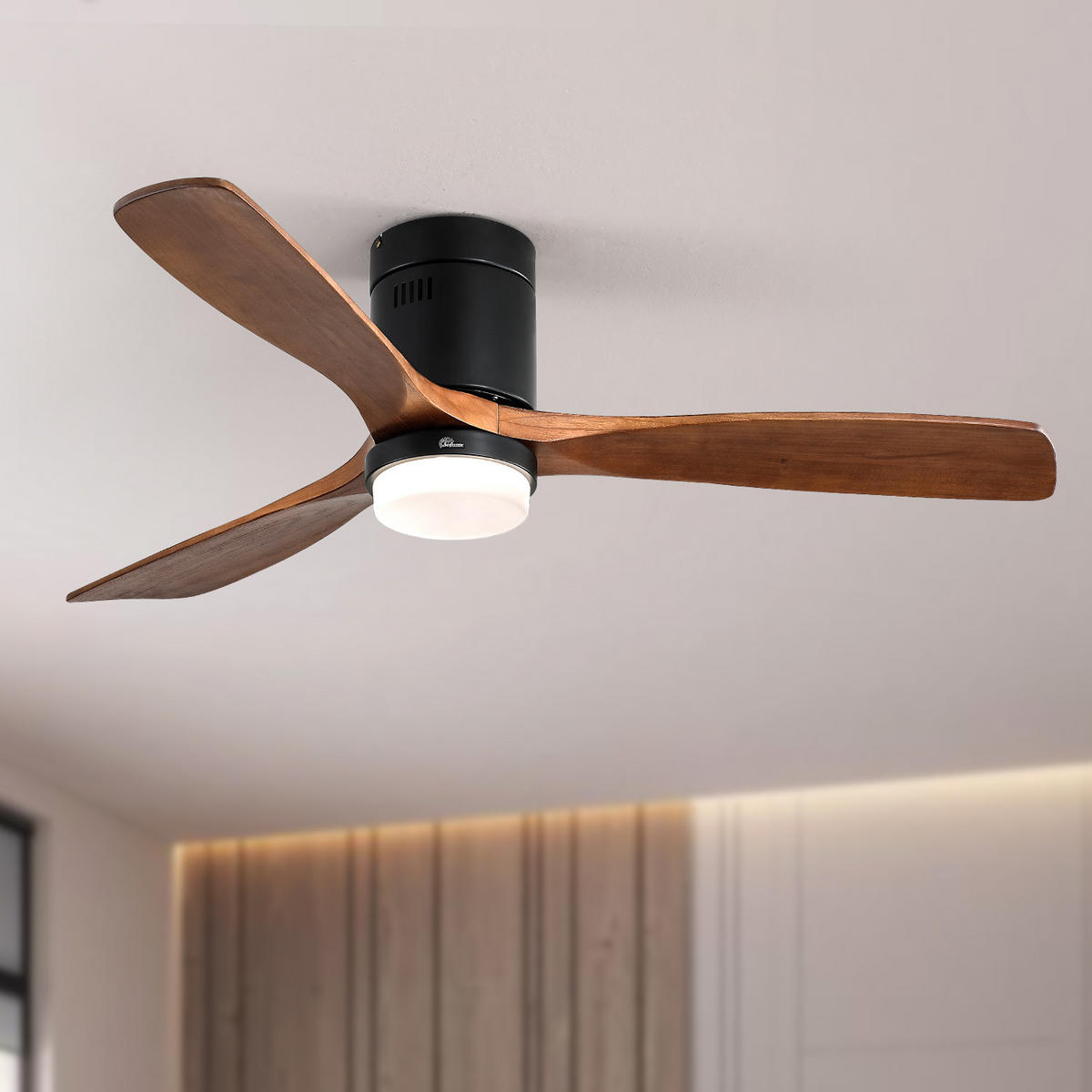 DECKENVENTILATOR DE-16295 52 Zoll mit 3 Massivholzflügeln & LED Walnuss - Schwarz, Holz/Metall (132/132/30cm) - ComfortXL