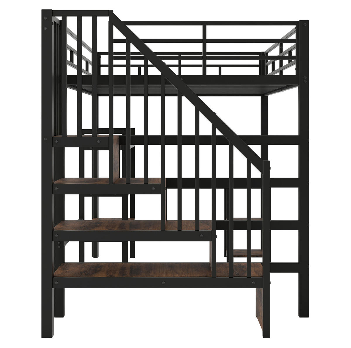 HOCHBETT 140x200 cm in Schwarz mit Schreibtisch, Stauraumtreppe und LED-Beleuchtung - Schwarz, Holzwerkstoff (140/200cm) - IVMEU