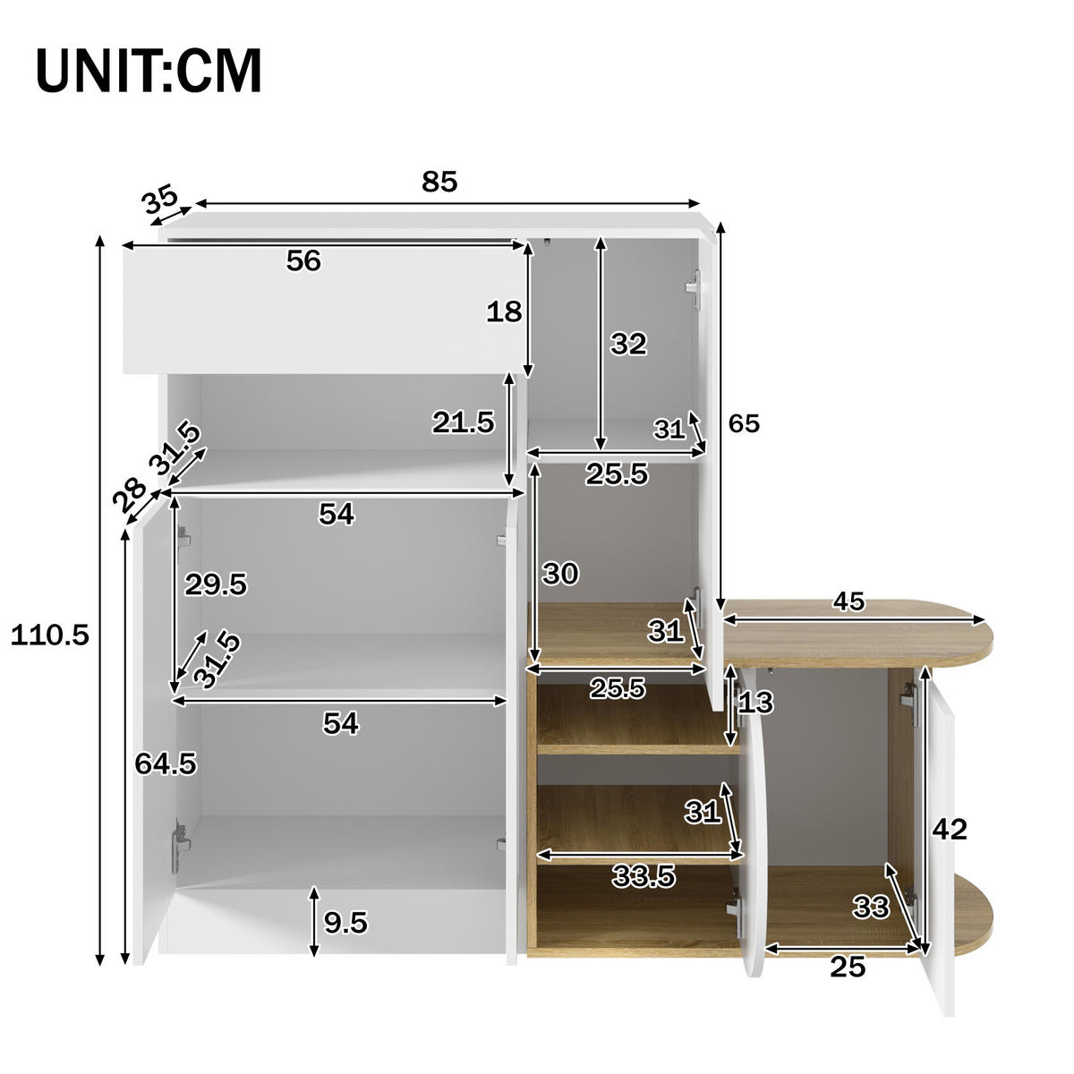 SCHUHSCHRANK mit Sitzbank 5 Türen Weiß Holzoptik Modern - Multicolor, Holzwerkstoff (130/110.5/35cm) - FLIEKS