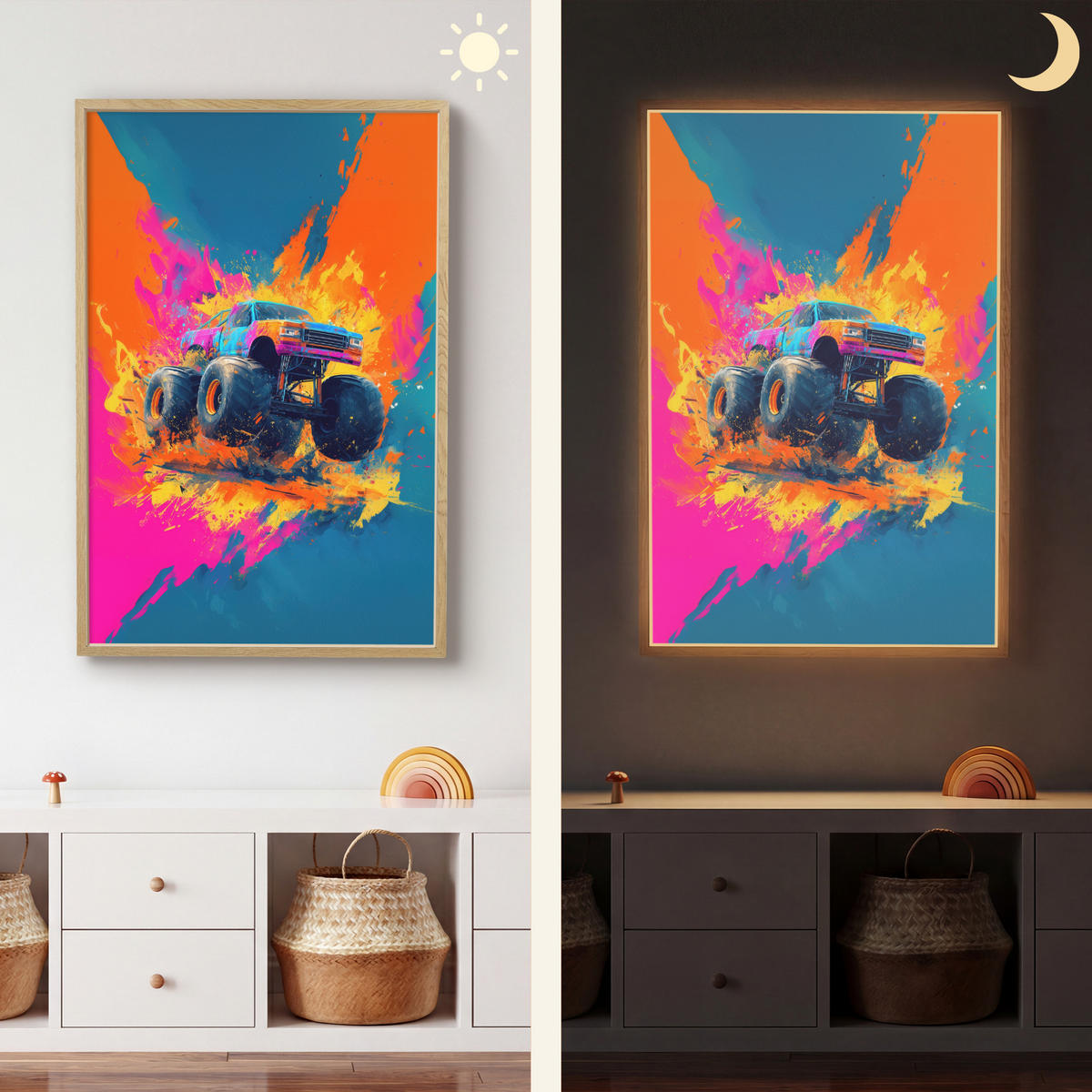 NÁSTĚNNÁ LAMPA S AKUMULÁTOREM Monster truck - Abstraktní - Stříkající barva - Barevné 60x90 cm - růžová, kompozitní dřevo (60/90/8cm) - OnlyWow