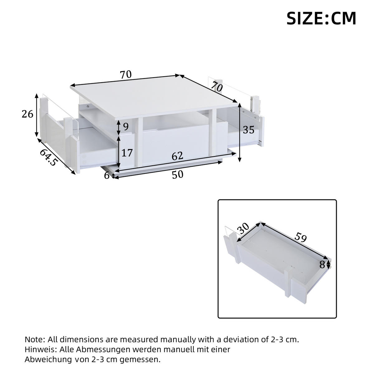KONFERENČNÍ stolek 70/70/35 cm bílý z dřevotřísky s LED osvětlením a 2 zásuvkami - bílá, kompozitní dřevo (70/70/35cm) - OKWISH