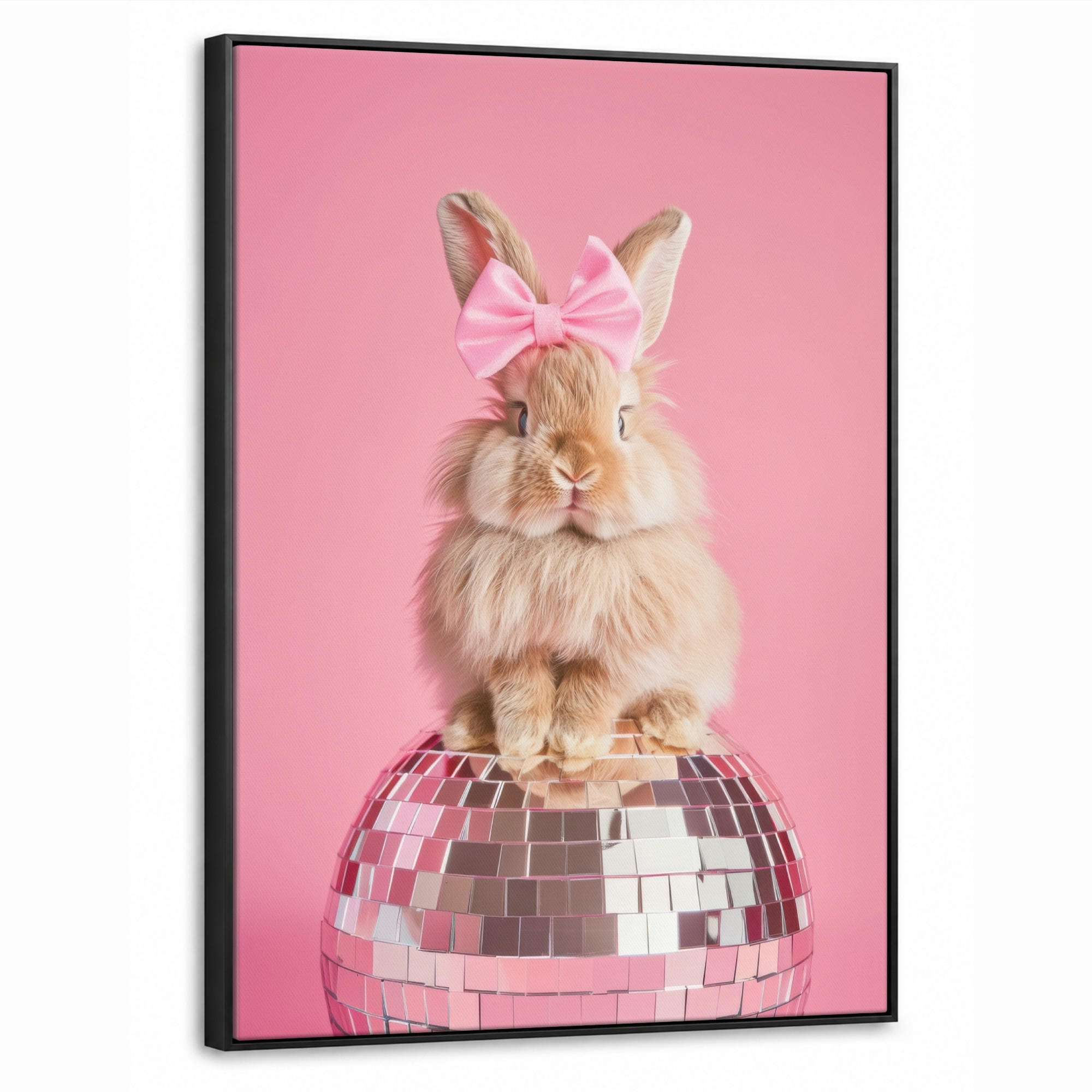 LEINWAND Bilder mit Rahmen - Schleife - Discoball - Kaninchen - 70x100 - Pink, Textil (70/100cm) - MuchoWow