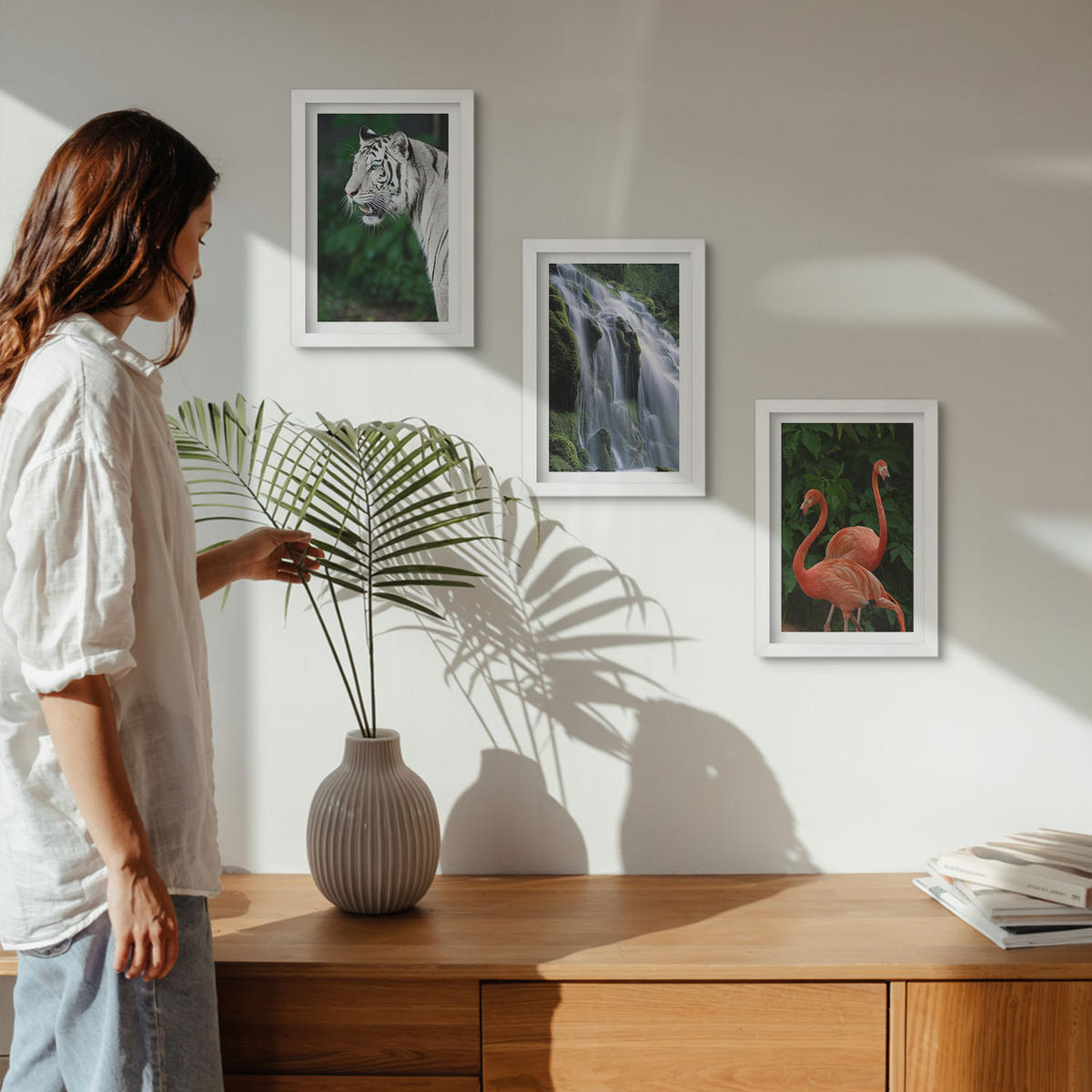 WANDBILDER 3er-Set - 20x30 cm Weißer Rahmen - Tiger Wasserfall Flamingos Natur - Weiß, Kunststoff (20/30cm) - ArtPrintCave