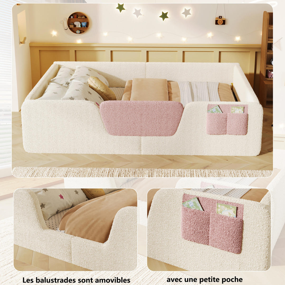 KINDERBETT Polsterbett 140/190 cm aus Samt und MDF mit abnehmbaren Seitengittern Beige - Beige, Textil (140/190cm) - Modenvie