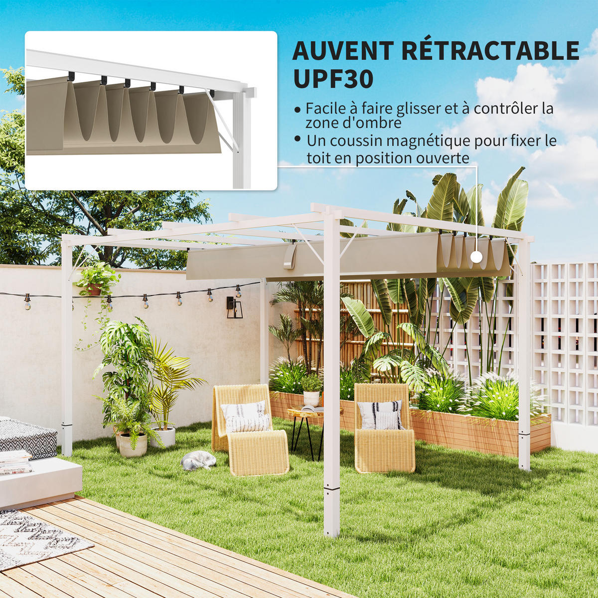 PERGOLA DE-12643 382/300/232 cm ausziehbar UPF30+ mit Magnet Weiß - Weiß, Metall (300/232/382cm) - ComfortXL