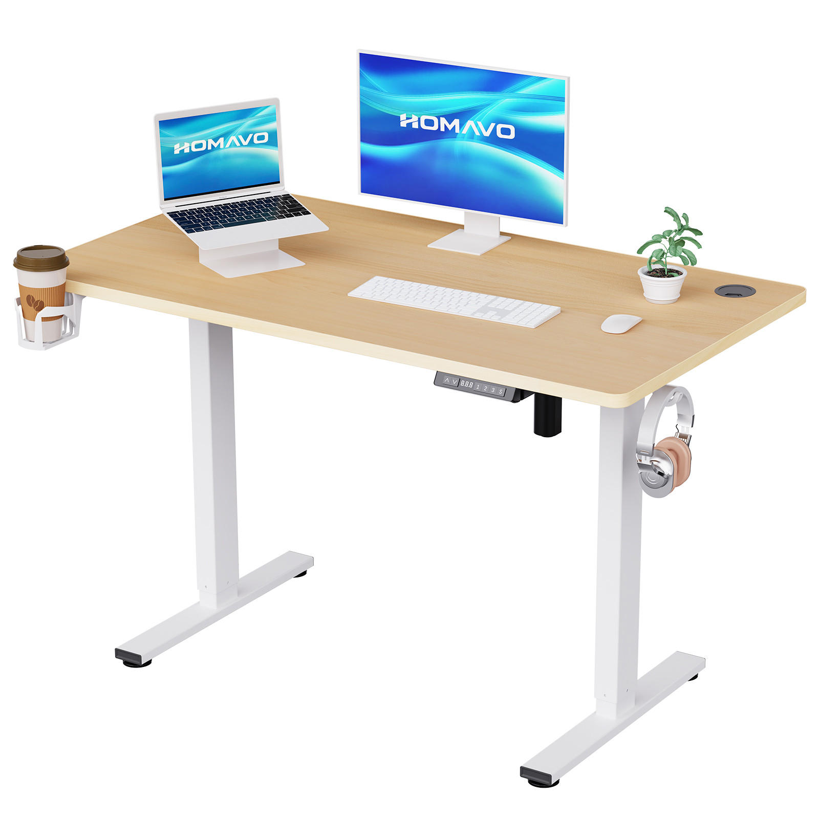 SCHREIBTISCH höhenverstellbar 70 - 120 cm - Hellbraun/Weiß, Holz/Metall (140/70/69cm) - HOMAVO