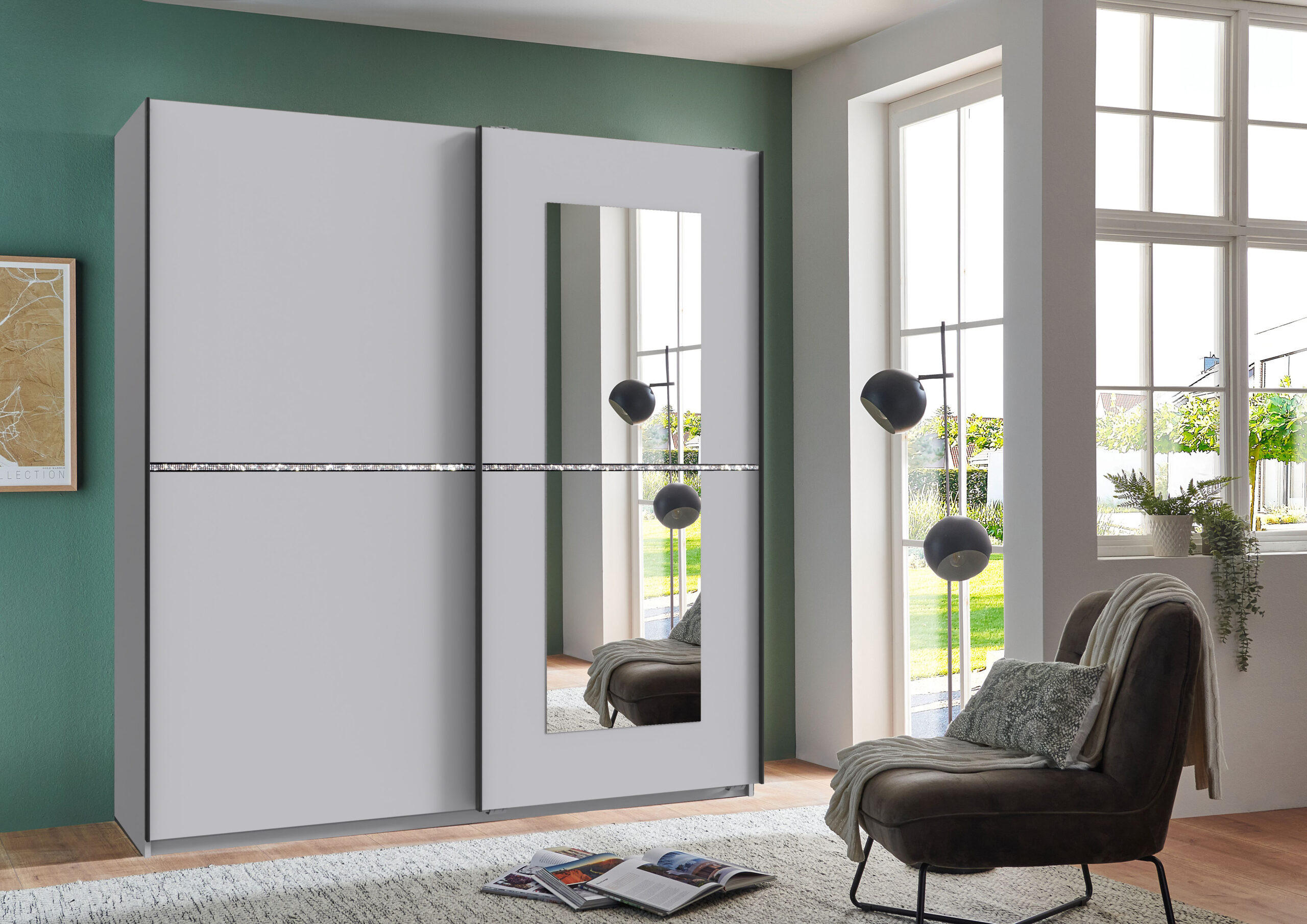 SCHWEBETÜRENSCHRANK Dundee in Weiß mit Strass 180x198x64cm - Weiß, Holzwerkstoff (180/198/65cm)