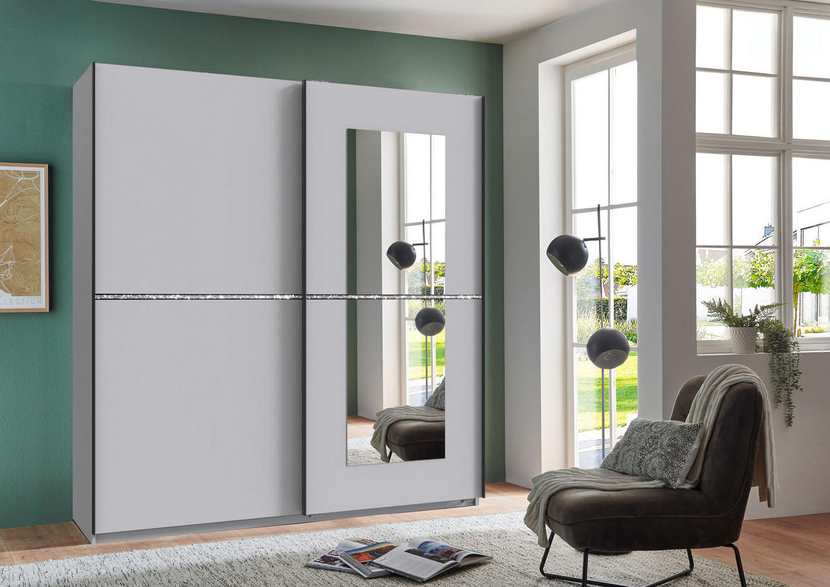 SCHWEBETÜRENSCHRANK Dundee in Weiß mit Strass 180x198x64cm - Weiß, Holzwerkstoff (180/198/65cm)