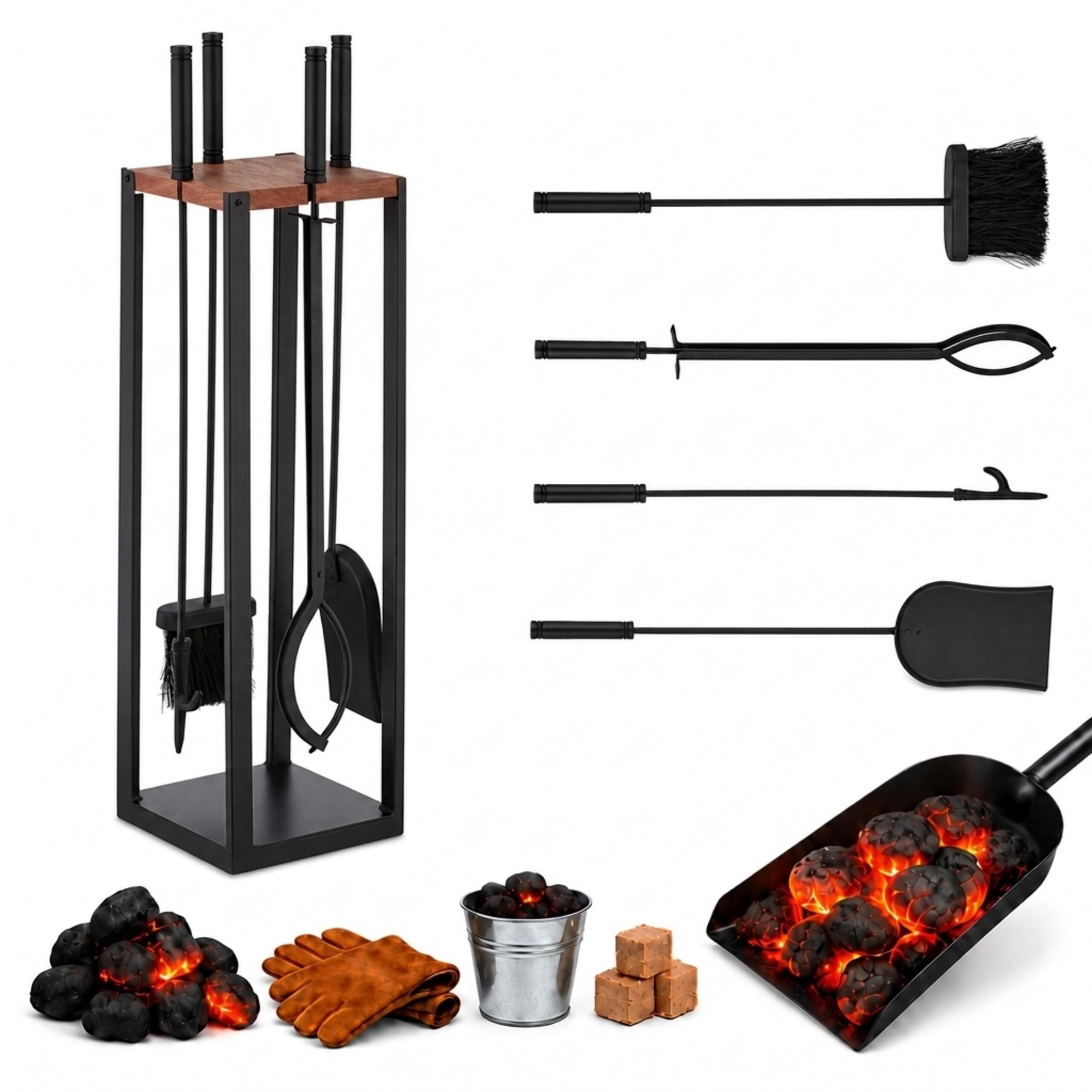KAMINBESTECK Schwarz Braun 5-tlg.-Set Metall Mangoholz mit Ständer - Schwarz, Holz/Metall (20/78/20cm) - Relaxdays