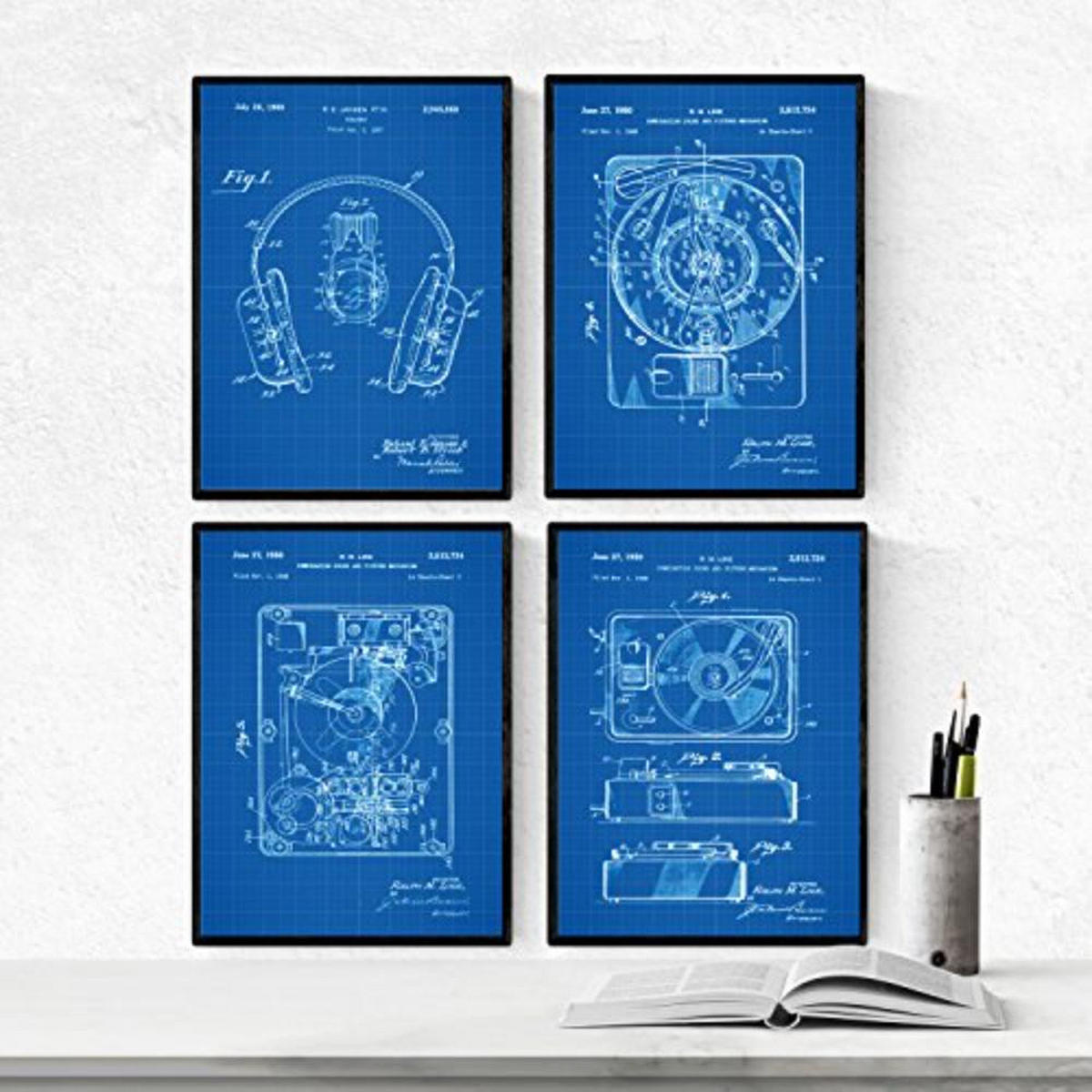 POSTER Set mit 4 BLAU Drehscheibe Patenten A4 Rahmenlos - Klar, Papier (29.7/3cm) - Nacnic