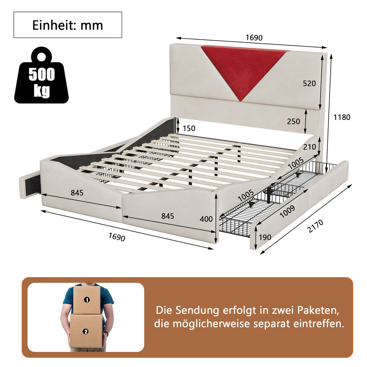 POLSTERBETT 160x200 cm mit 4 Schubladen, LED & USB, Doppelbett mit Kopfteil Stauraum, Beige - Beige, Metall (160/200cm) - EuroLiving