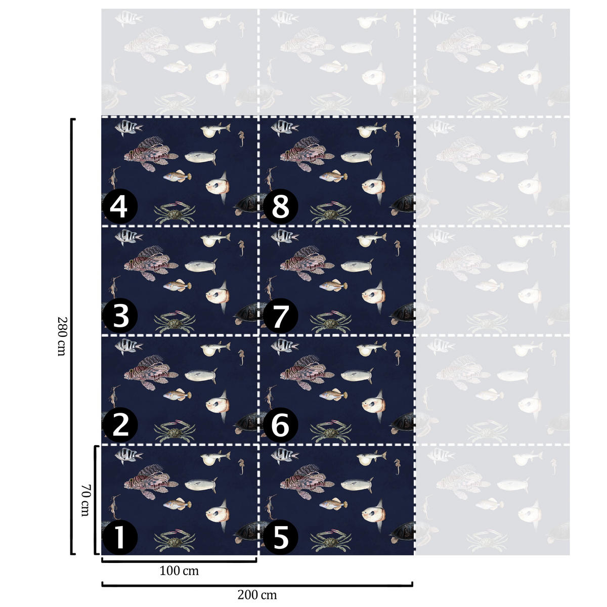 TAPETE Fische aus echtem Papier, 200x280cm, 8 Bögen - Dunkelblau, Papier (200/280cm) - WALLPAPERS4BEGINNERS