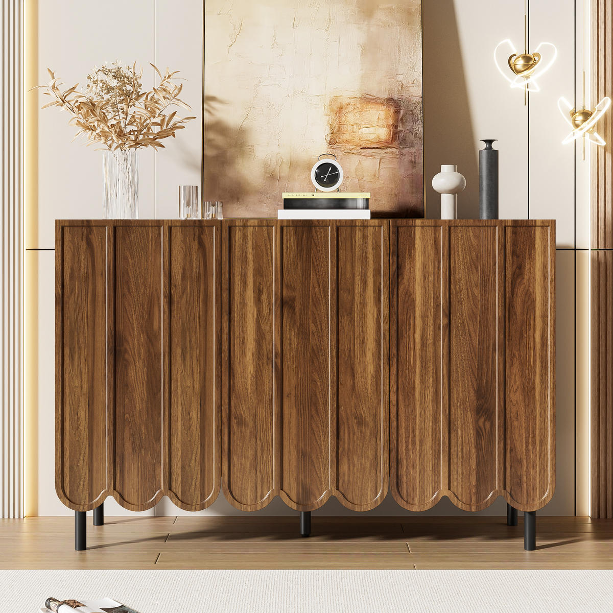 SIDEBOARD aus MDF in Walnussoptik mit Wellentüren und griffloser Rebound-Öffnung, 120/35/80 cm, Walnussoptik - Naturfarben, Holzwerkstoff (35/80/120cm) - Redom