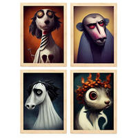 POSTER Set mit 4 Neugierig Tier im T Burton Goth Stil A3 Rahmen aus hellem Holz - Beige, Papier (29.7/3cm) - Nacnic