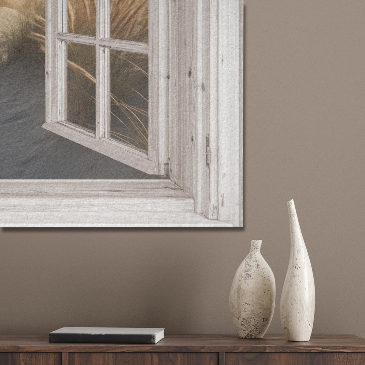 AKUSTIKPANEEL Fenster - Meer - Küste - Natur - Ausblick - Strand - Wattenmeer 100x70 cm - Beige, Textil (100/0.9/70cm) - MuchoWow