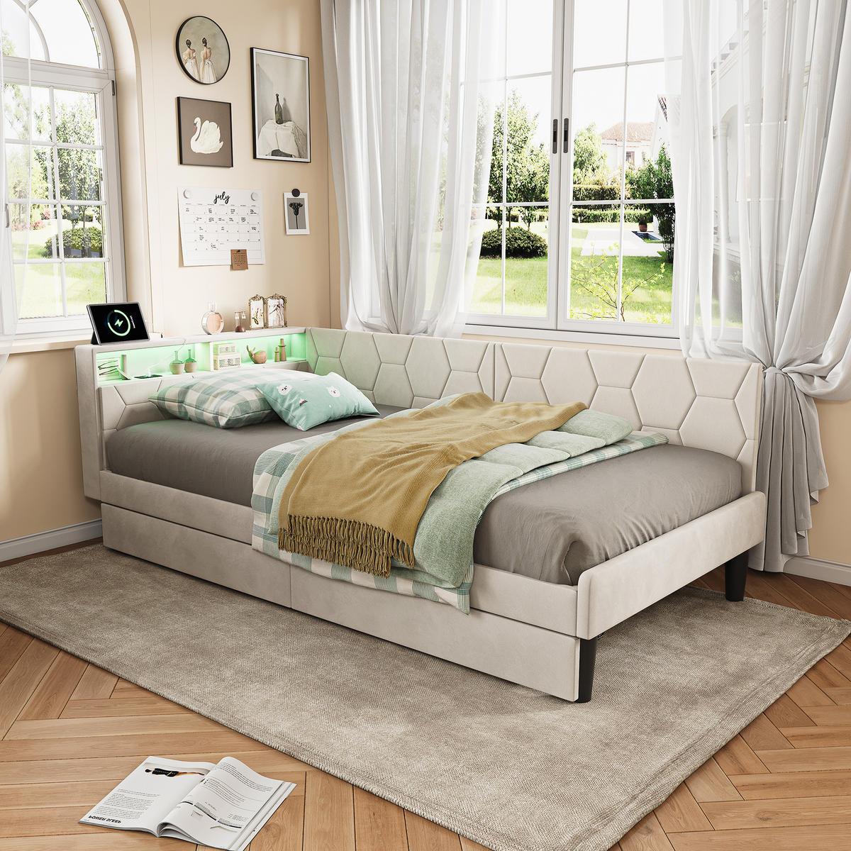 POLSTERBETT 90x200 cm Tagesbett mit 2 Schubladen, LED & USB, Einzelbett mit Kopfteil Stauraum, Beige - Beige, Metall (90/200cm) - EuroLiving