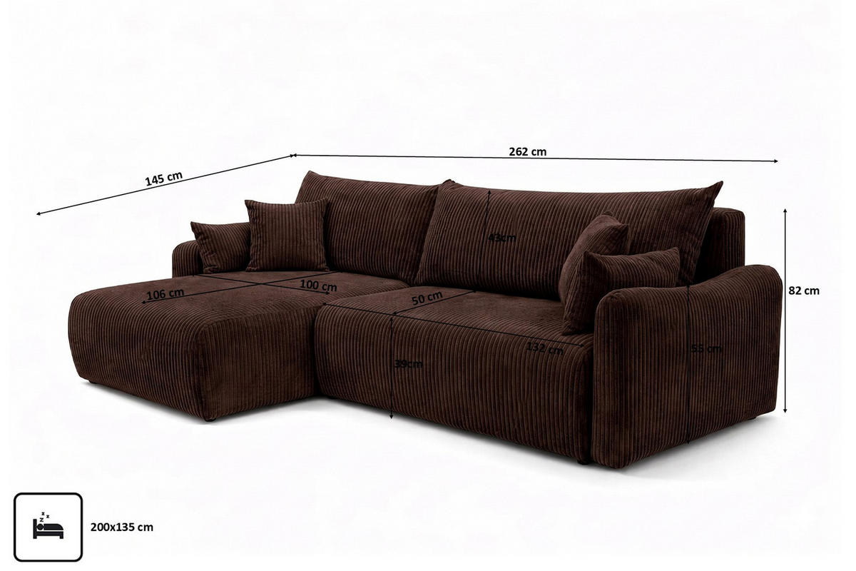 ECKSOFA Mit Schlaffunktion, Cordstoff Poso, Braun, Links, JAPANDI - Braun, Holz (262/145cm) - Kaiser Möbel