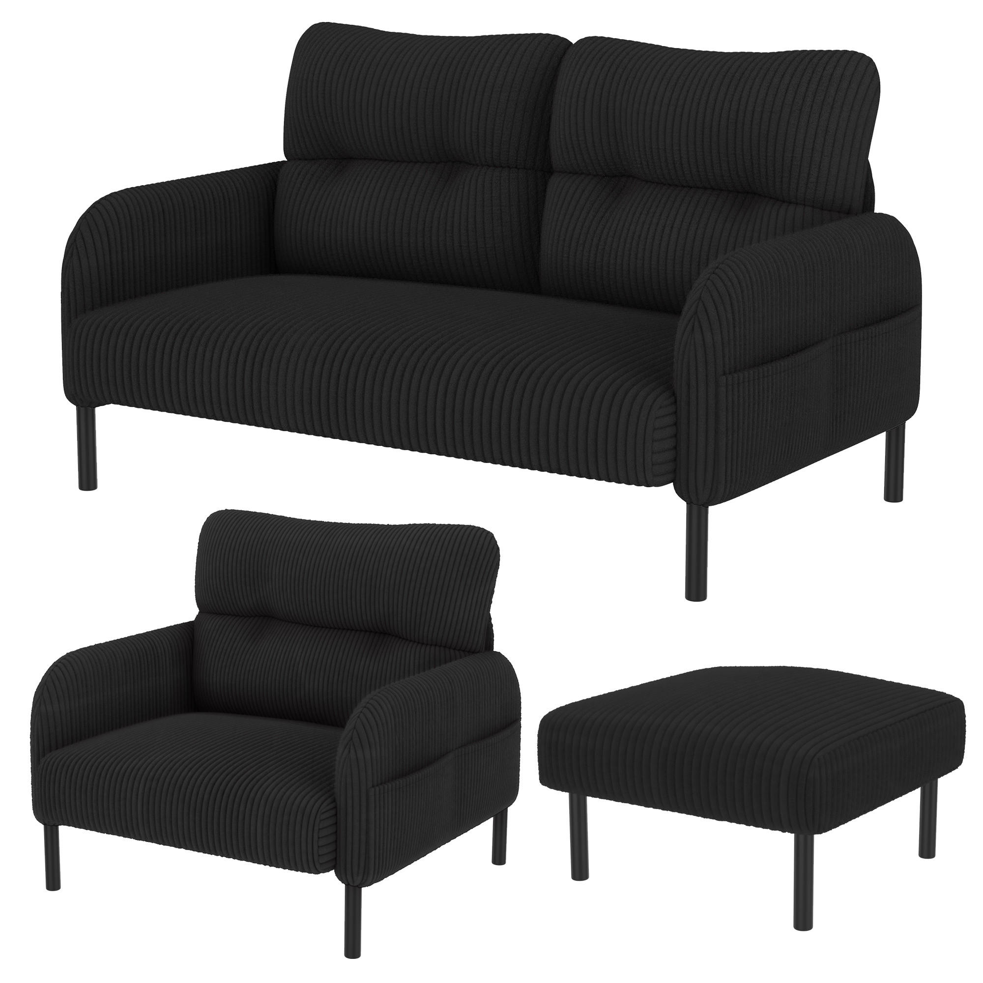 SOFA Set, 2-Sitzer+Sessel+Hocker, Cord, Schwarz - Schwarz, Textil/Metall (120/79/75cm) - LVHOM