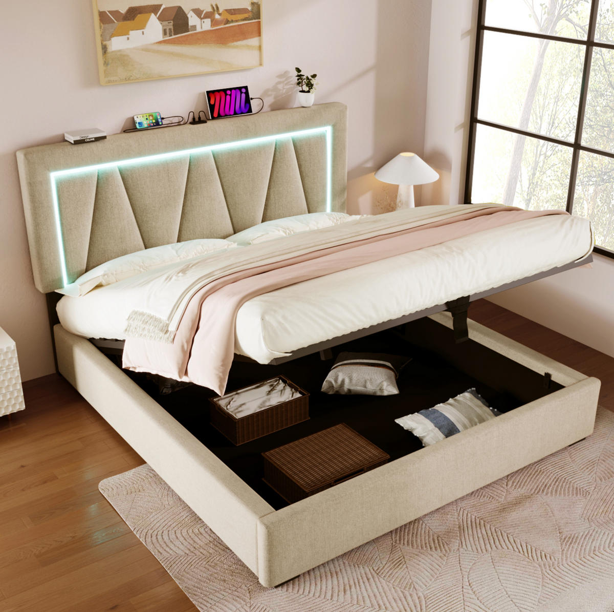 POLSTERBETT mit Stauraum, USB und LED 140x200 cm Leinen Beige - Beige, Metall (140/200cm) - Meubliv
