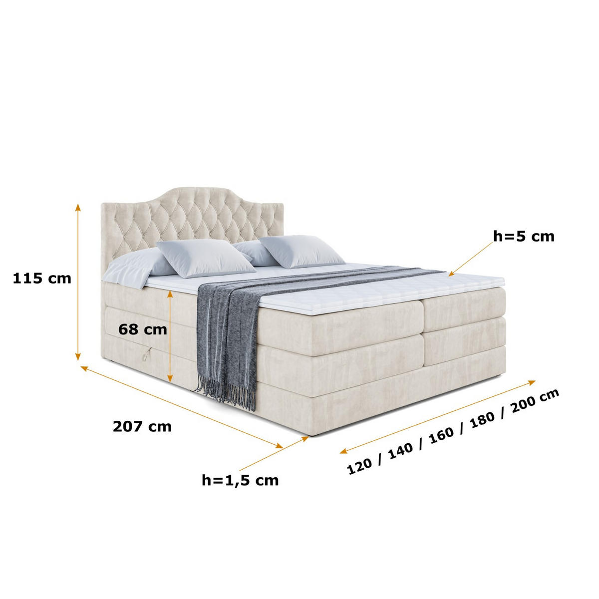 BOXSPRINGBETT VILA-1 KING - 200x200 - H3/H4 - Creme - Creme, Holzwerkstoff (200/200cm) - ALTDECOR