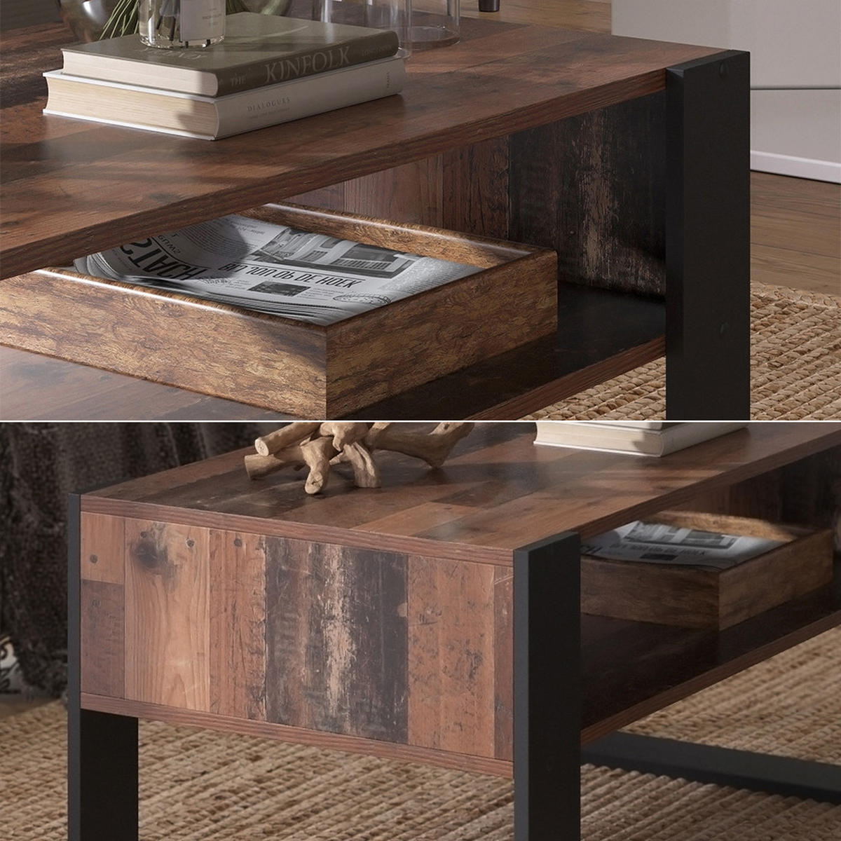COUCHTISCH Olli Antikholz 92 x 52,4 cm mit Ablage - Eichefarben/Schwarz, Holzwerkstoff (52.4/92/45.6cm) - Vicco