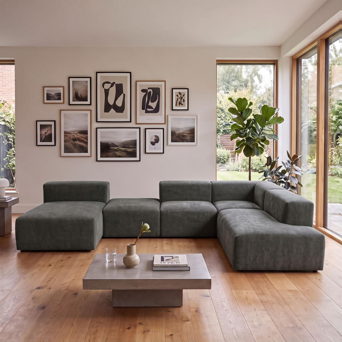 5-SITZER modulares Wohnlandschaft U XXL HEAVEN SET 6 Rechts, Breite 375 cm Webstoff Dunkelgrau - Dunkelgrau/Schwarz, Holz/Kunststoff (245/73/375cm) - Muffo