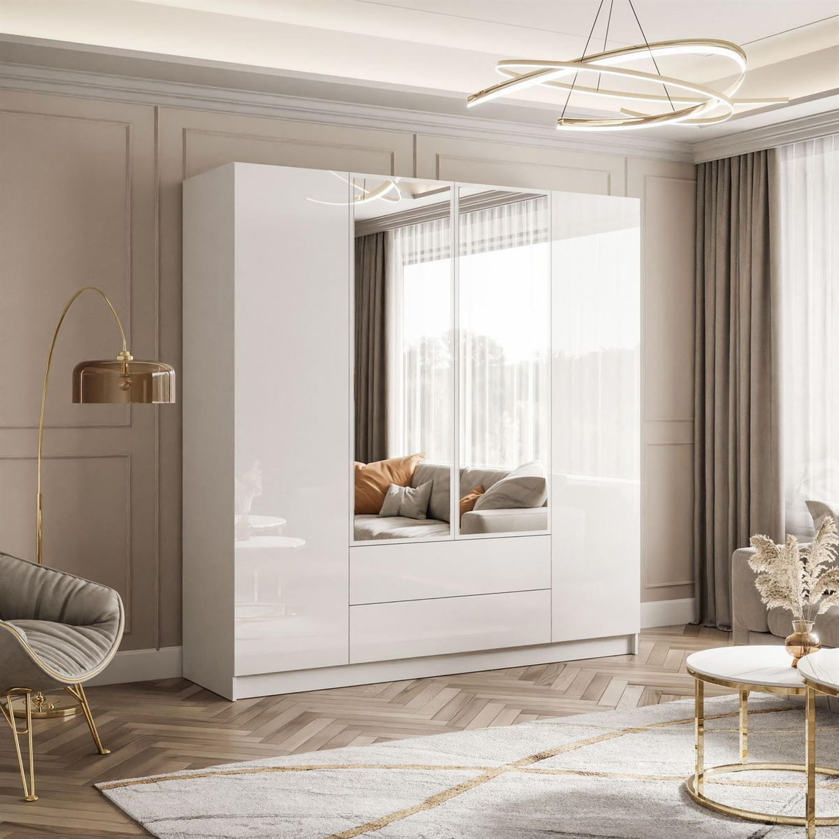 KLEIDERSCHRANK AUREL 4D2SZ mit Schubladen und Spiegel - Weiß Hochglanz, Holzwerkstoff (200/200/57cm) - Lookway