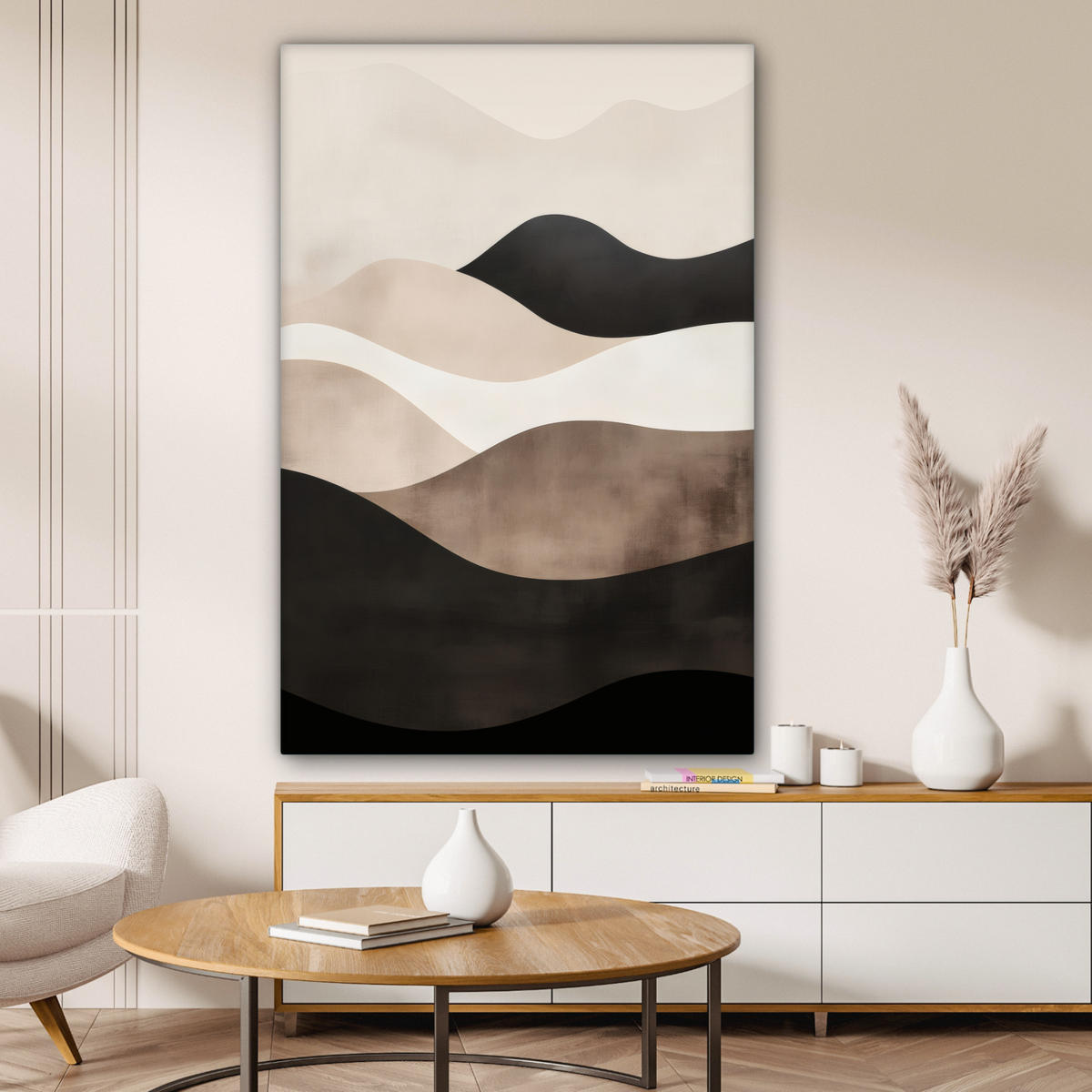 LEINWANDBILD Abstrakt - Landschaft - Wellen - Cremefarben Deko Groß 90x140 cm - Cappuccino, Textil (90/140cm) - MuchoWow