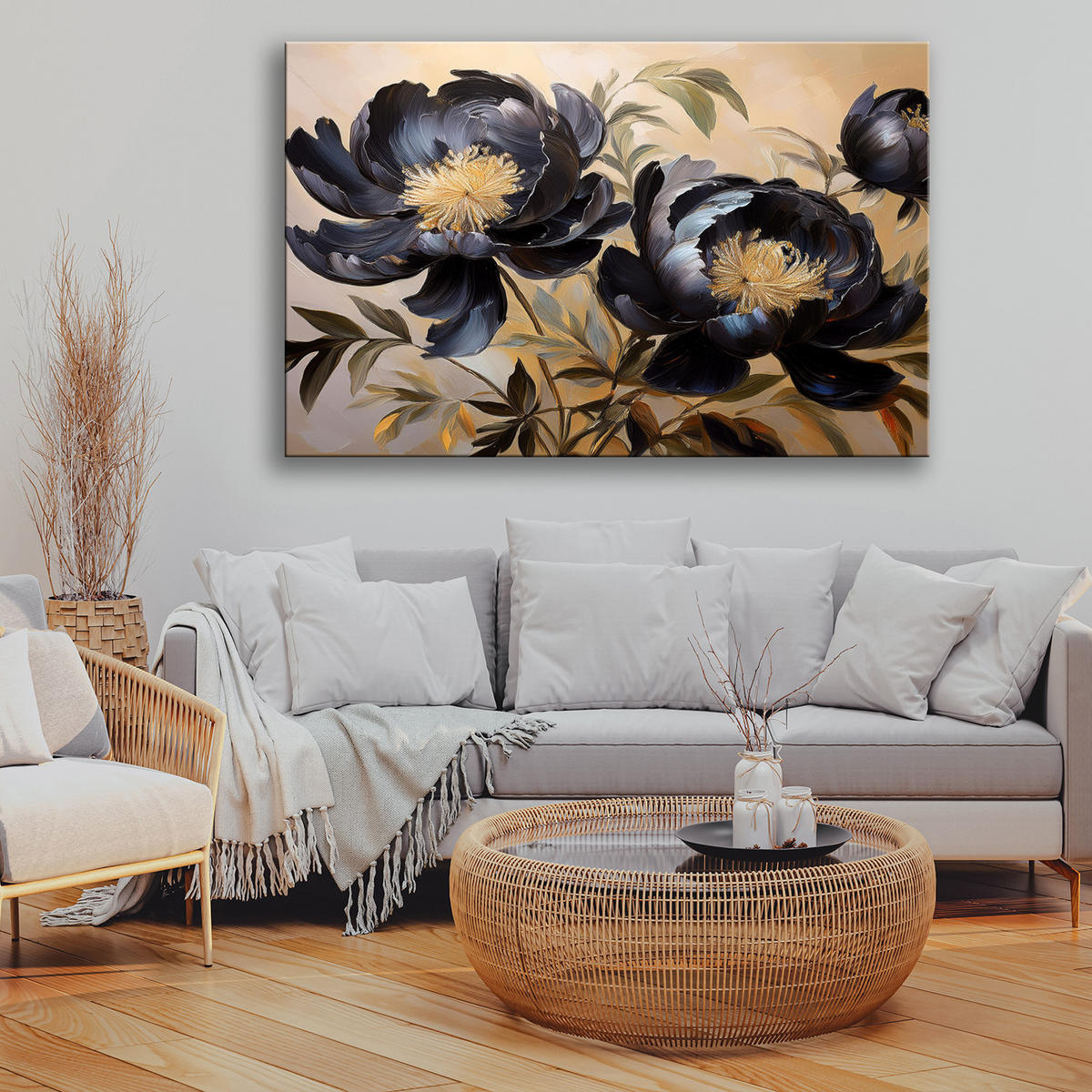 WANDBILD schwarz gemalte pfingstrosenblüte natur - Schwarz, Textil (60/40cm) - Feeby