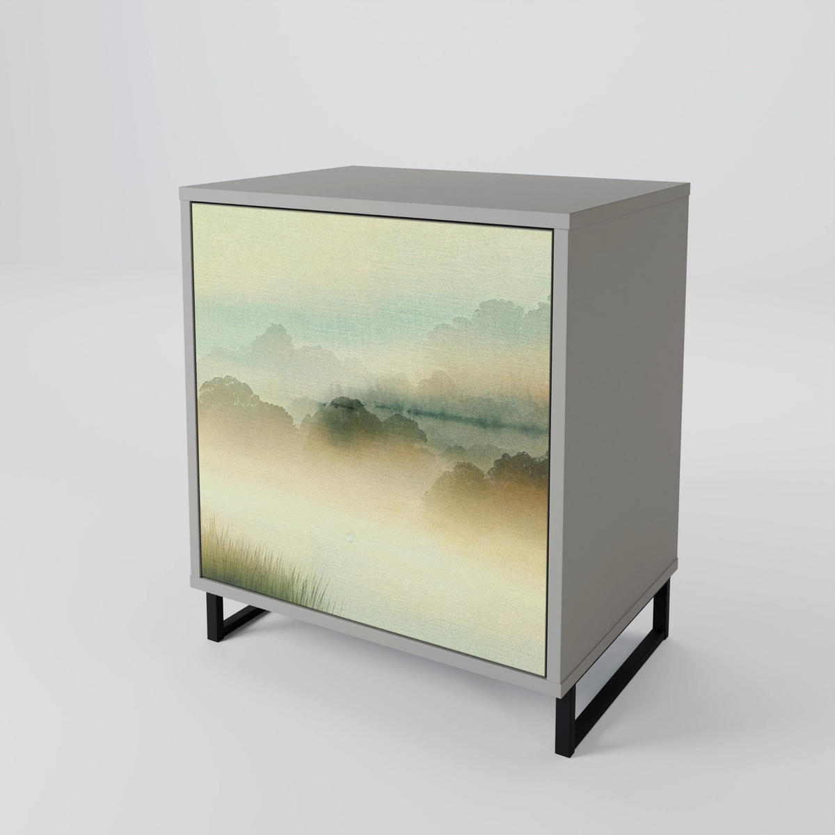 SIDEBOARD MORNING BY THE LAKE, Grau, 57,5x42x75,5 cm, Goldfarbene Metallfüße - Goldfarben/Multicolor, Holzwerkstoff/Metall (57.5/75.5/42cm) - SpaceRebels