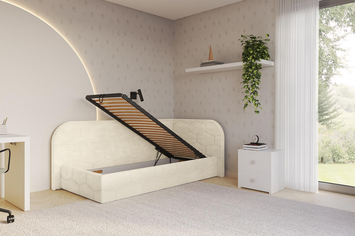 EINZELLBETT Jugendbett mit Bettkasten und Matratze H3/H4, Links - JAXY 90x200 Beige - Beige, Holzwerkstoff/Textil (90/200cm) - ALTDECOR