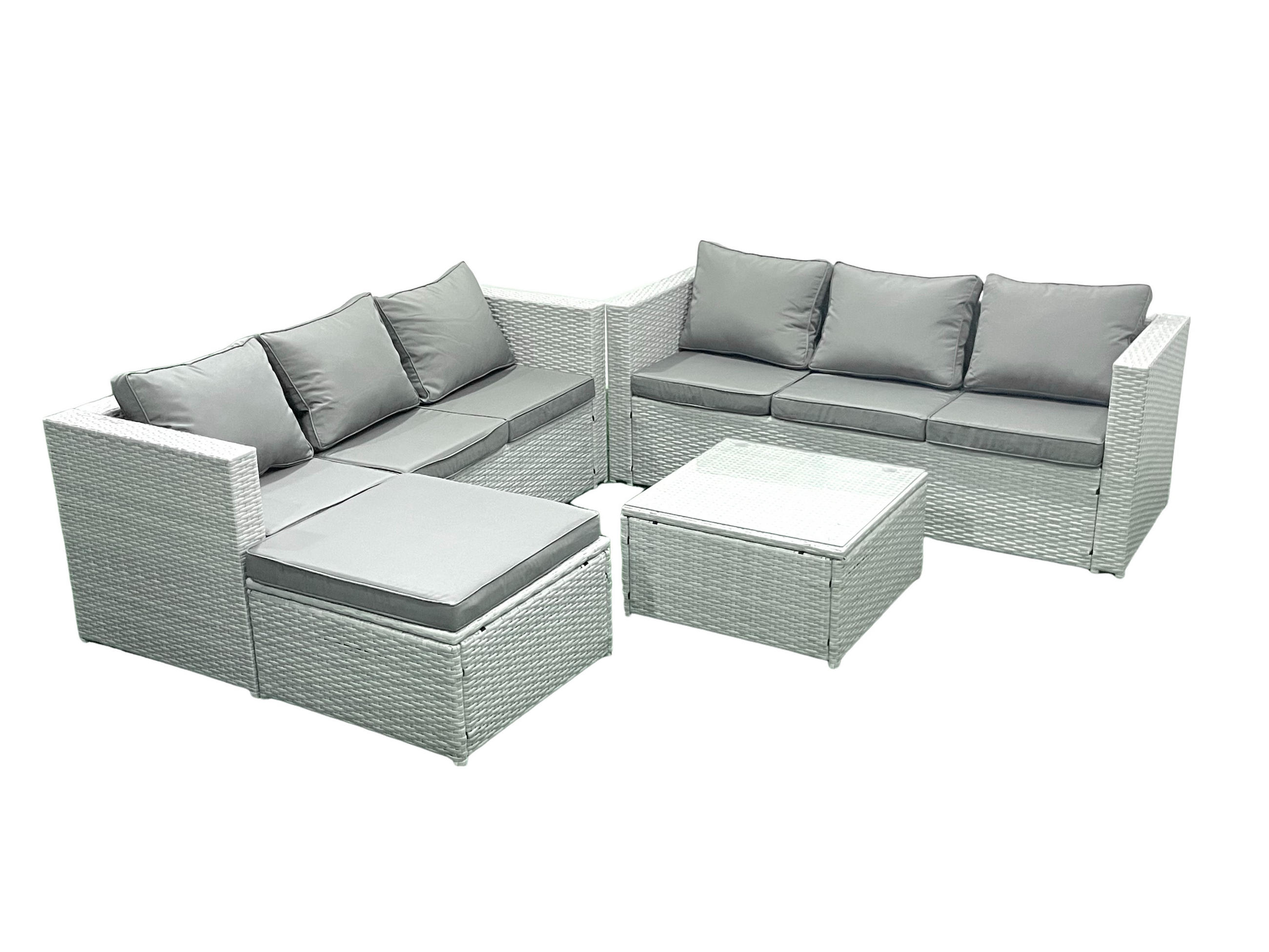 GARTENMÖBEL-SET mit Kissen Polyrattan Hellgrau-Mix 7-Sitzer - Hellgrau/Grau, Glas/Kunststoff - Fimous