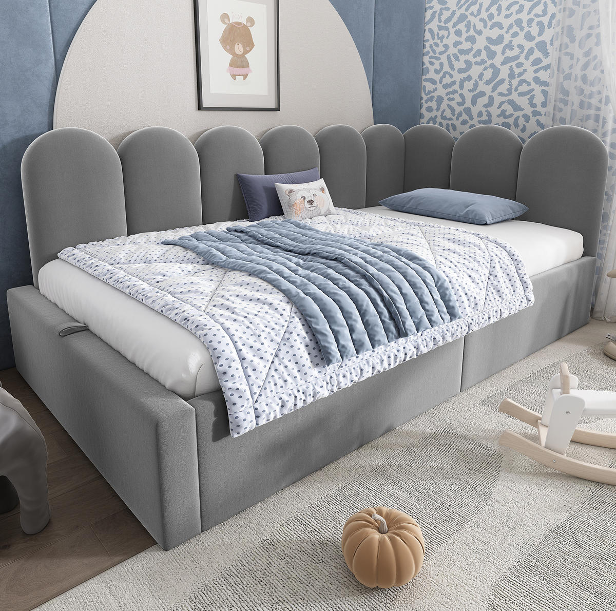 POLSTERBETT 90/200 cm Grau aus Samt mit Stauraum - Grau, Textil (90/200cm) - OKMYHOME