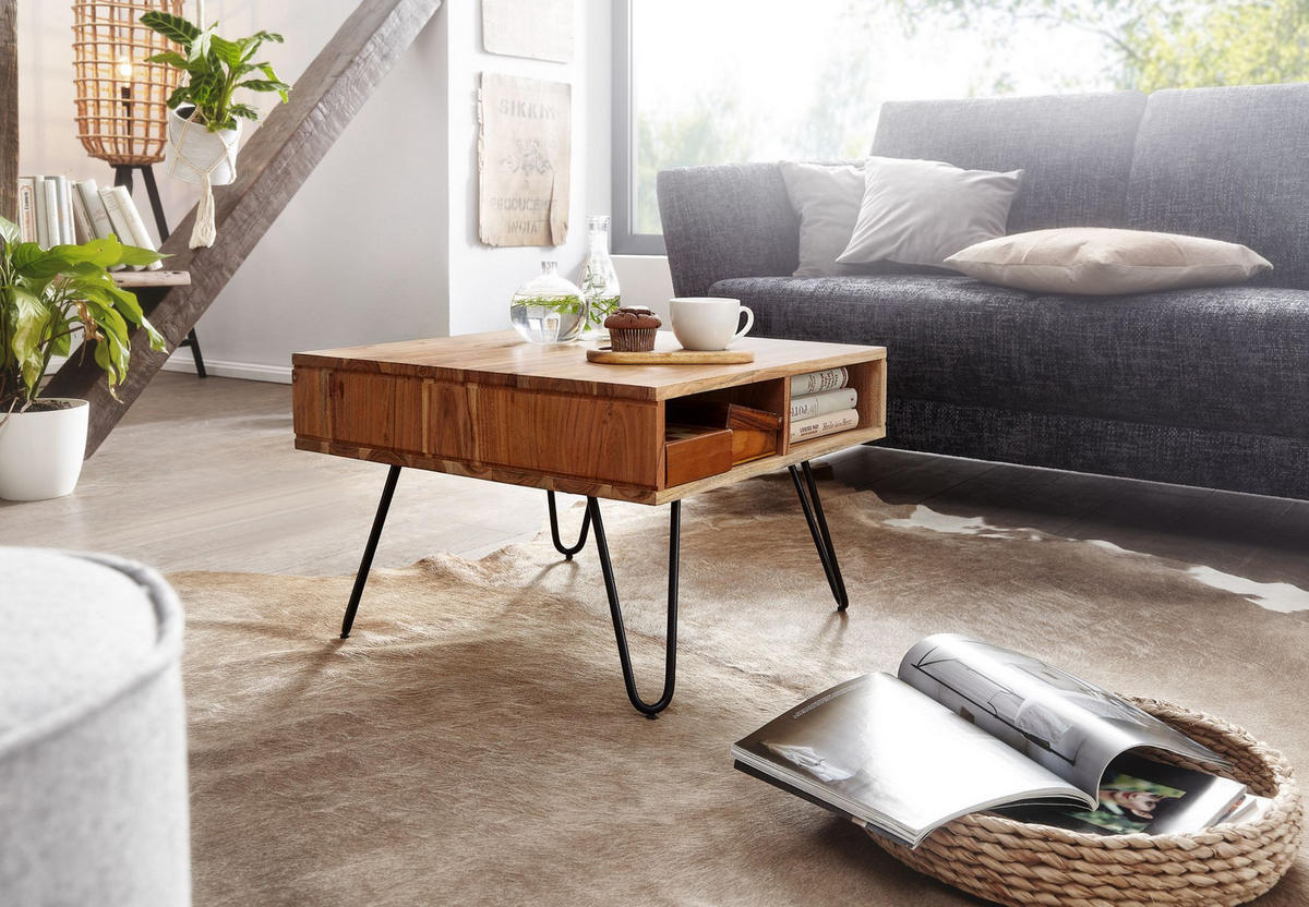 COUCHTISCH aus massivem Akazienholz mit Metallgestell und Stauraum im modernen Design - Beige/Schwarz, Holz/Metall (60/60/40cm) - KADIMA DESIGN