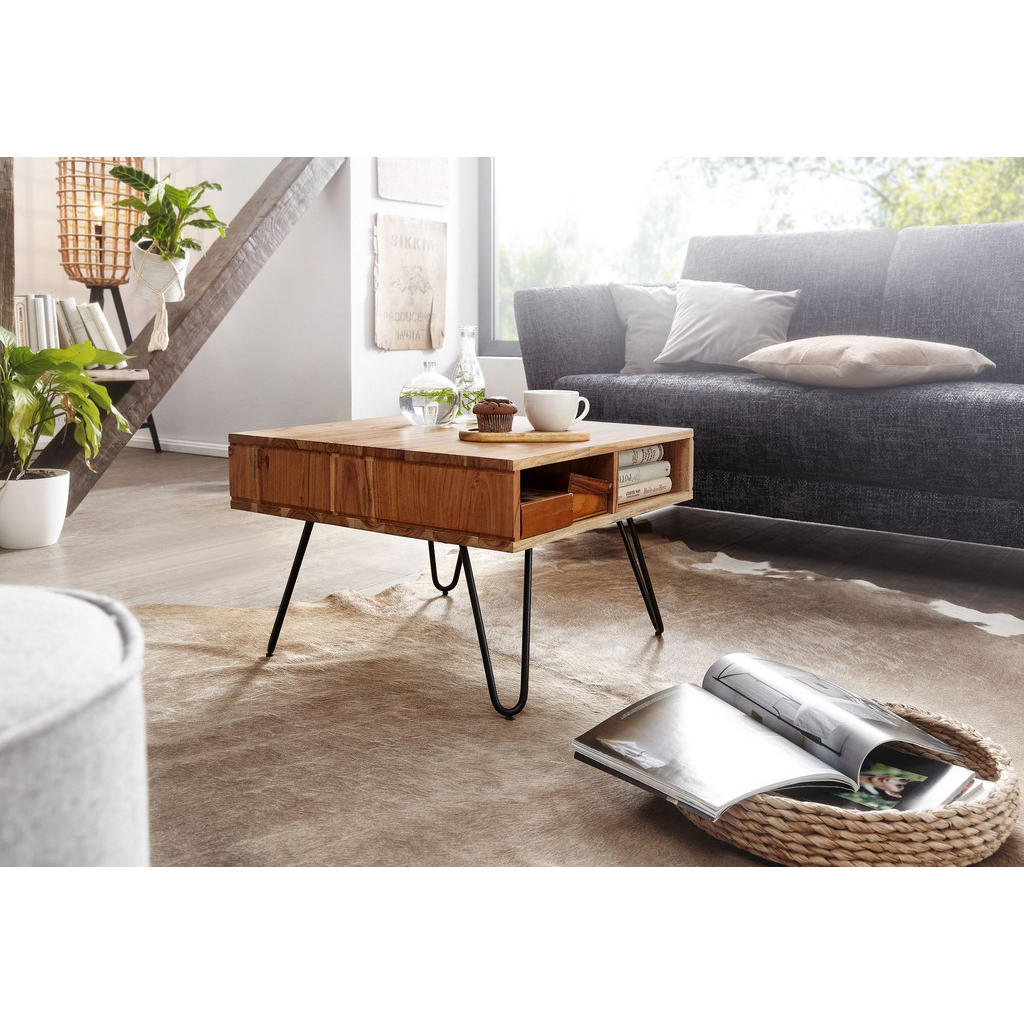 Thumbnail - Kadima Design Couchtisch, Beige, Holz, Echtholz,Akazie, Quadratisch,Quadratisch, Haarnadel, 60x40x60 cm, Wohnzimmer, Woh...