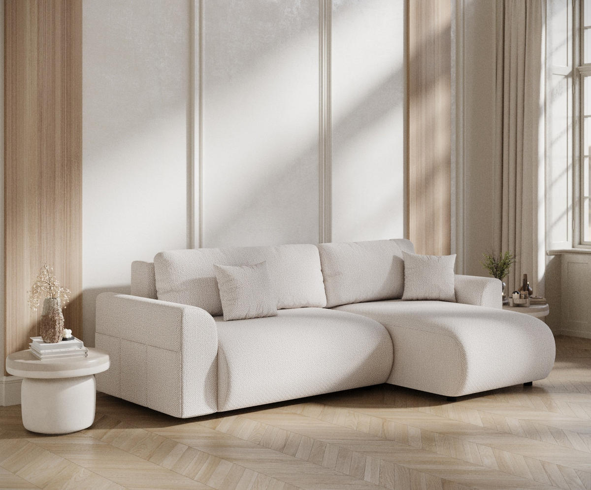ECKSOFA MIT SCHLAFFUNKTION Bodega Creme Chenille - Creme/Schwarz, Holz/Holzwerkstoff (235/138cm) - Maison de Reve