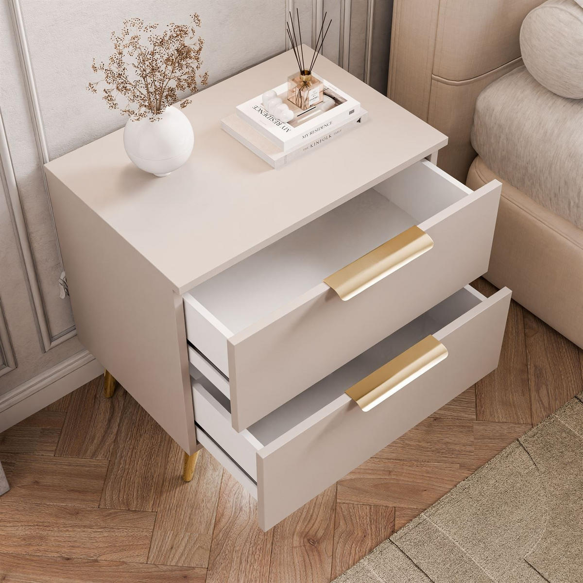 NACHTKOMMODE LINA KASCHMIR 2S auf schrägen Beinen LED goldene Beine und Griffe - Kaschmir, Holzwerkstoff (55/55/37cm) - Lookway
