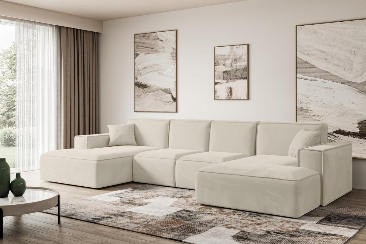 WOHNLANDSCHAFT SIERRA-U - 344x165x73 cm Beige Velours - Beige/Schwarz, Holzwerkstoff/Kunststoff (344/73/165cm) - ALTDECOR