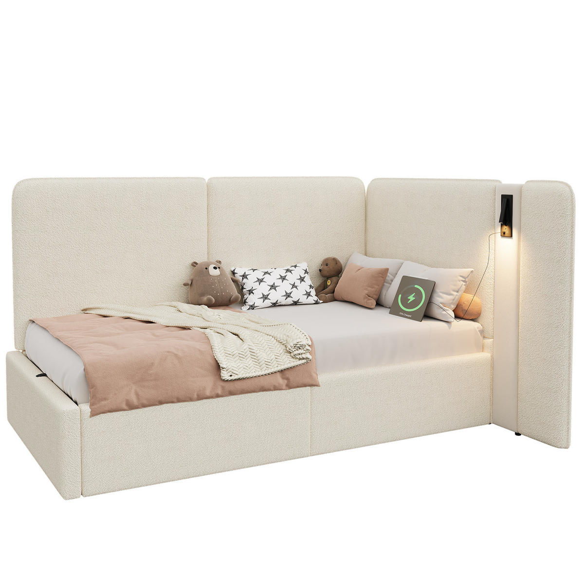 BETT 90/200 cm mit Bettkasten, USB-C-Anschluss und Leselampe, Bouclé Beige - Beige, Textil (90/200cm) - BEAOK
