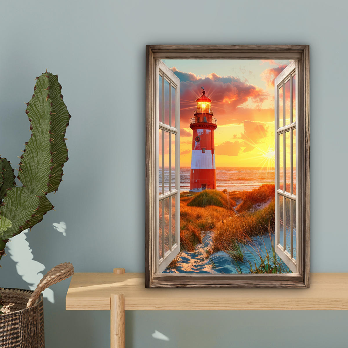 LEINWANDBILD Aussicht - Fenster - Leuchtturm - Sonnenuntergang - Strand 20x30 cm - Dunkelorange, Textil (20/30cm) - MuchoWow