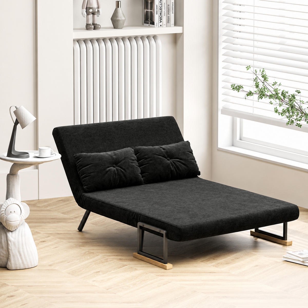SCHLAFSOFA, Zweisitzer mit Bettfunktion, Schlafcouch mit Samtoptik, Rückenkissen - Schwarz/Naturfarben, Holz/Textil (73/81/102cm) - HOMCOM