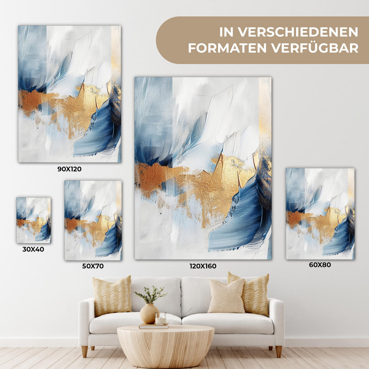 LEINWANDBILD Gold - Blau - Aquarell - Kunst - Modern 60x80 cm - Hellblau, Textil (60/80cm) - MuchoWow