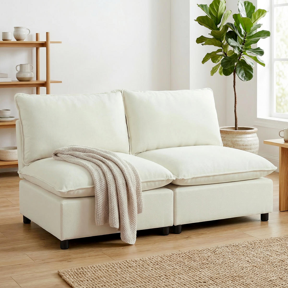 SOFA, 2-Sitzer, modular, ohne Armlehnen, cremefarben, 146cm - Multicolor, Holzwerkstoff (146/78/85cm) - FORIOUS