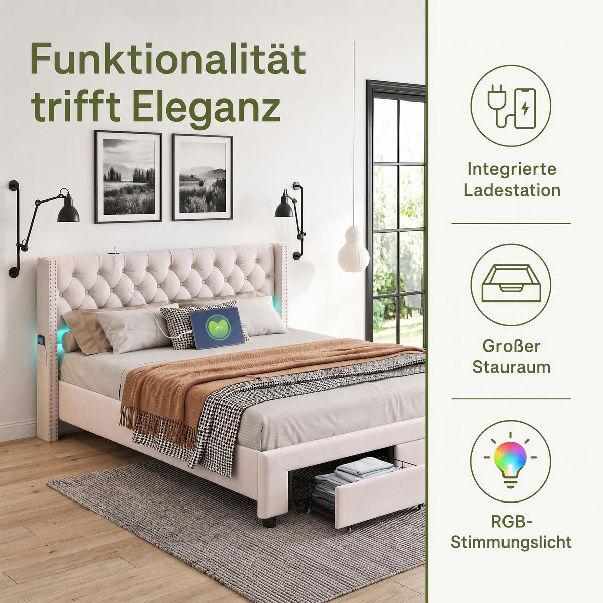 POLSTERBETT 180x200 mit LED und USB, Stauraum, Lattenrost und 2 Schubladen, doppelbett 180x200, Samt Ecru - Ecru, Holz/Textil (180/200cm) - GENKI LIVING