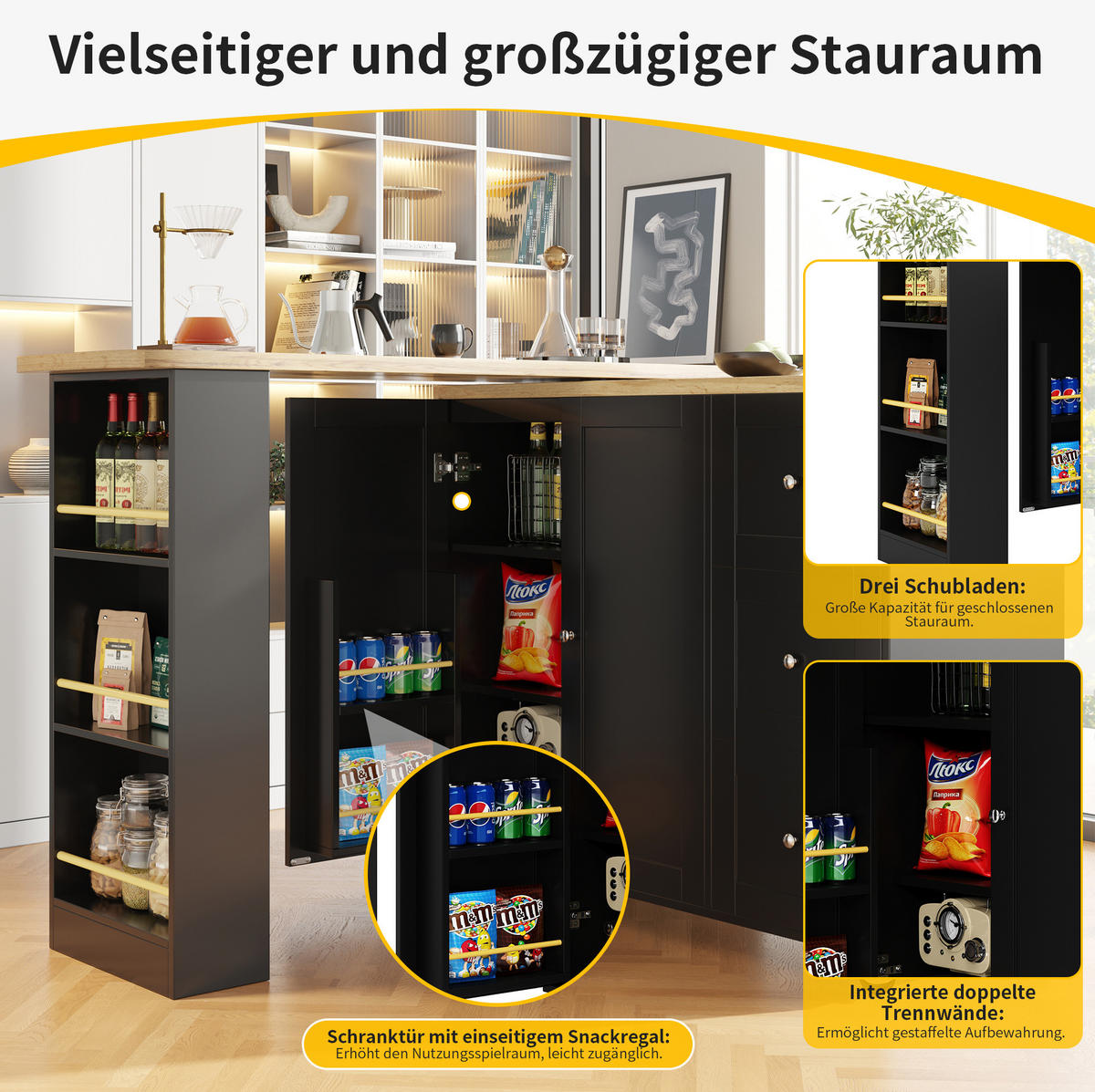 BARTISCH ausziehbar 135-203x39x106cm Schwarz 360°drehbar mit Rollen - Schwarz, Holzwerkstoff (203/106/39cm) - Modfu