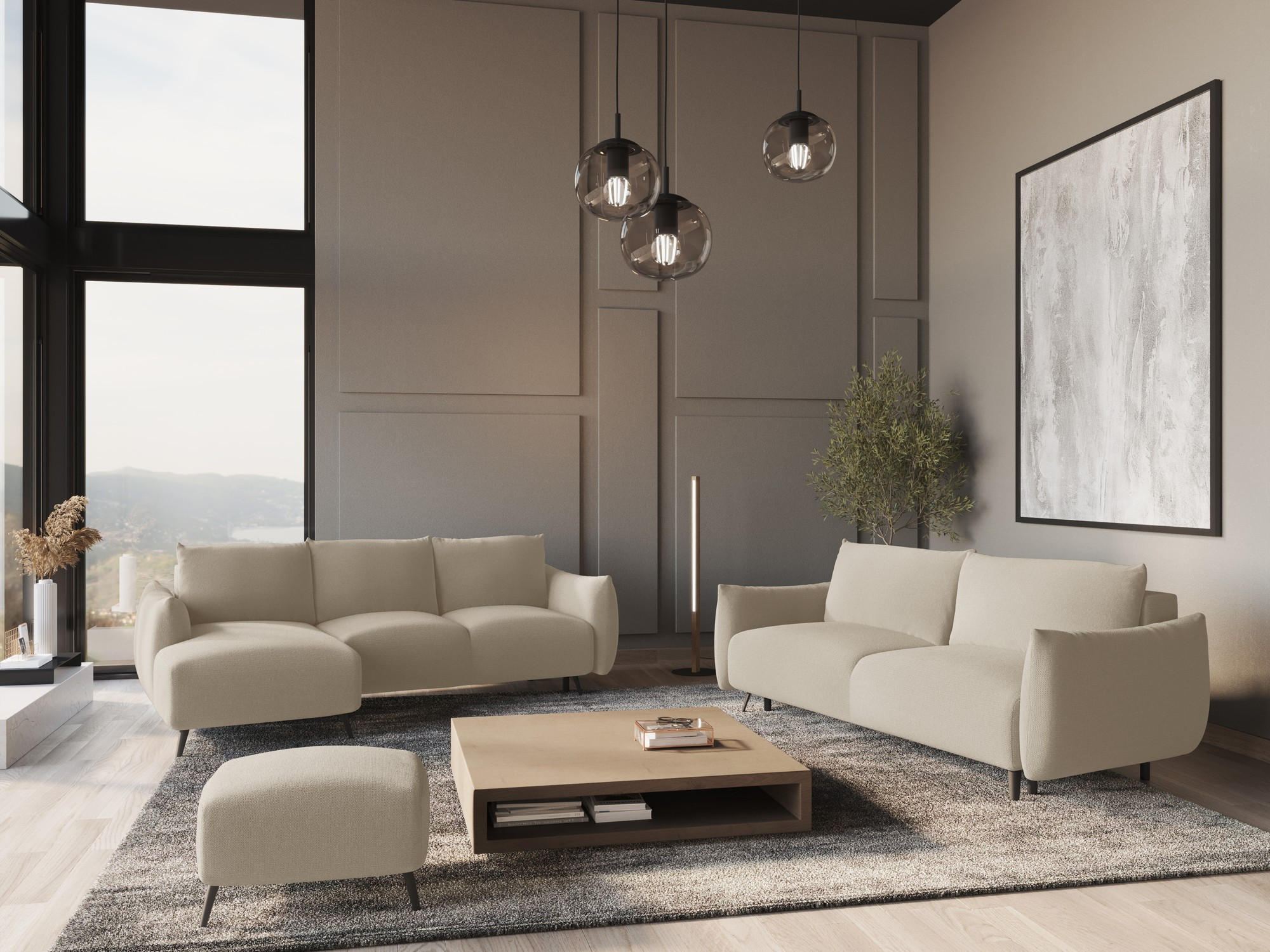 ECKSOFA mit Schlaffunktion Chenille Stoff Beige - Beige/Schwarz, Textil/Metall (162/242cm) - Makamii