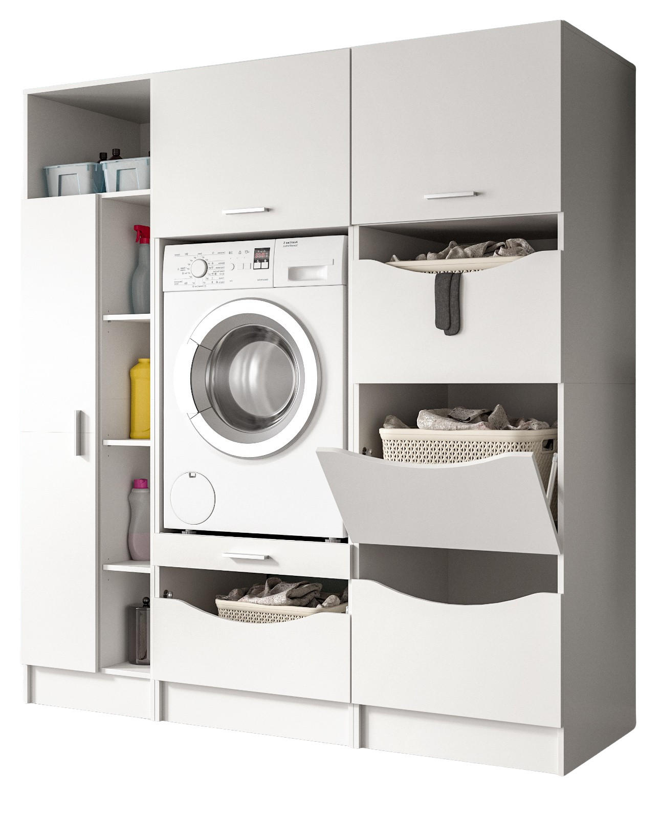 WASCHMASCHINENSCHRANK weiß Set 3-teilig, Waschmaschinenumbau 176 cm mit viel Stauraum - Silberfarben/Weiß, Glas/Holzwerkstoff (176/195/68cm) - Inn.Furn