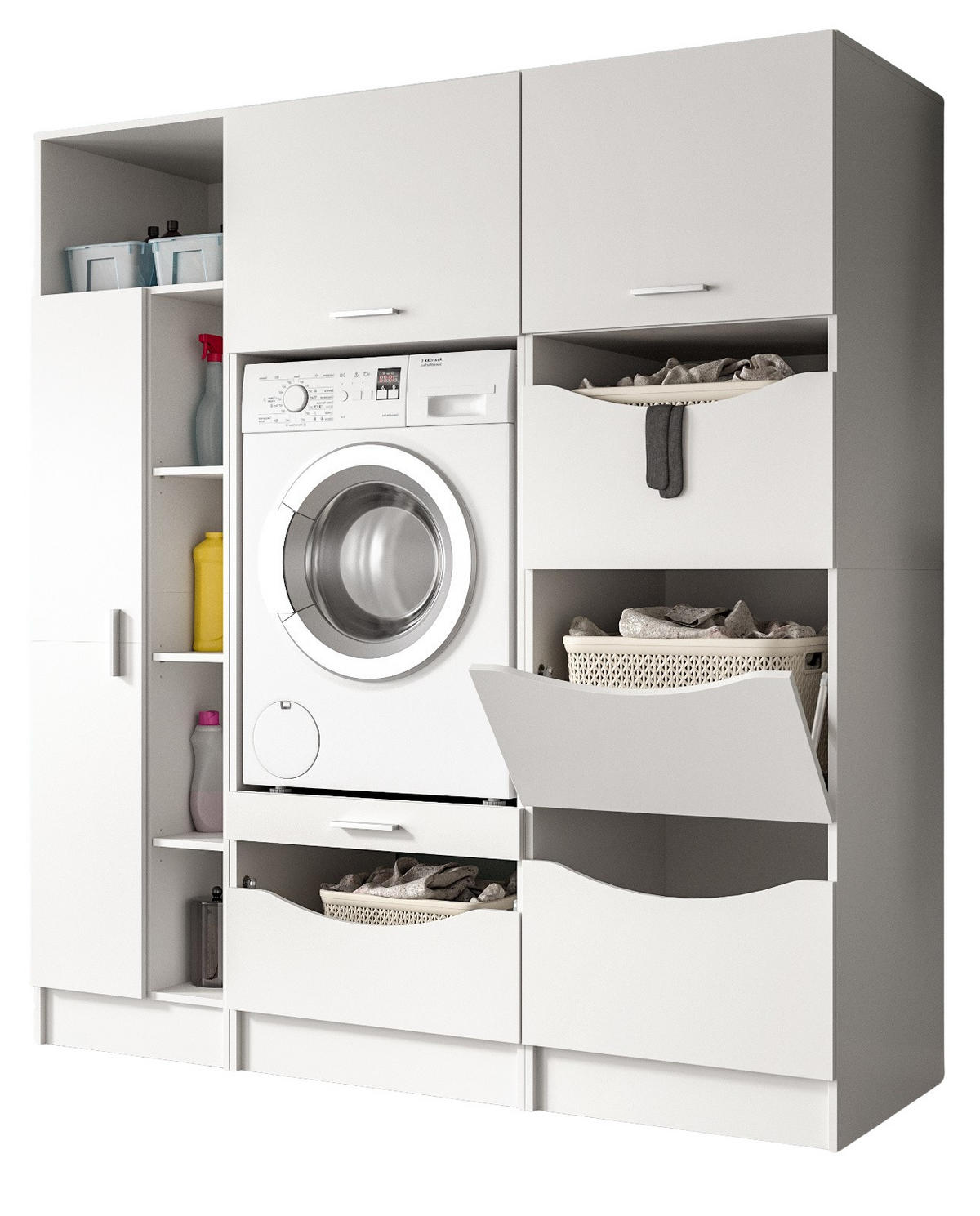 WASCHMASCHINENSCHRANK weiß Set 3-teilig, Waschmaschinenumbau 176 cm mit viel Stauraum - Silberfarben/Weiß, Glas/Holzwerkstoff (176/195/68cm) - Inn.Furn